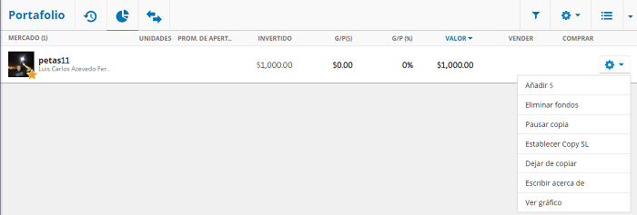 configurando la copia de un inversor popular en etoro