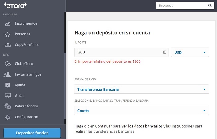 el deposito minimo para la trasferencia bancaria en etoro es de 500 dolares