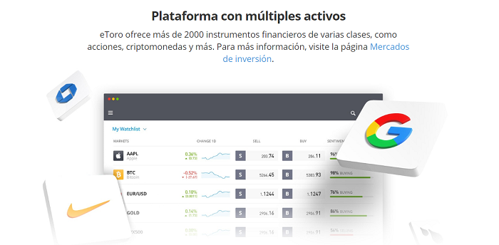 etoro contiene multiples activos para invertir