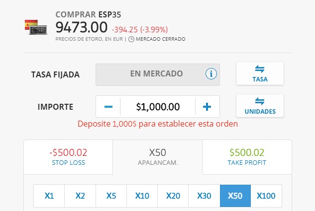 etoro tiene un apalancamiento de hasta x100 en cfd de indices