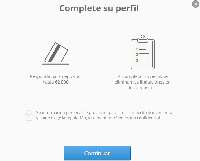 formulario para completar el perfil en etoro