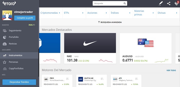 pantalla general de la plataforma etoro