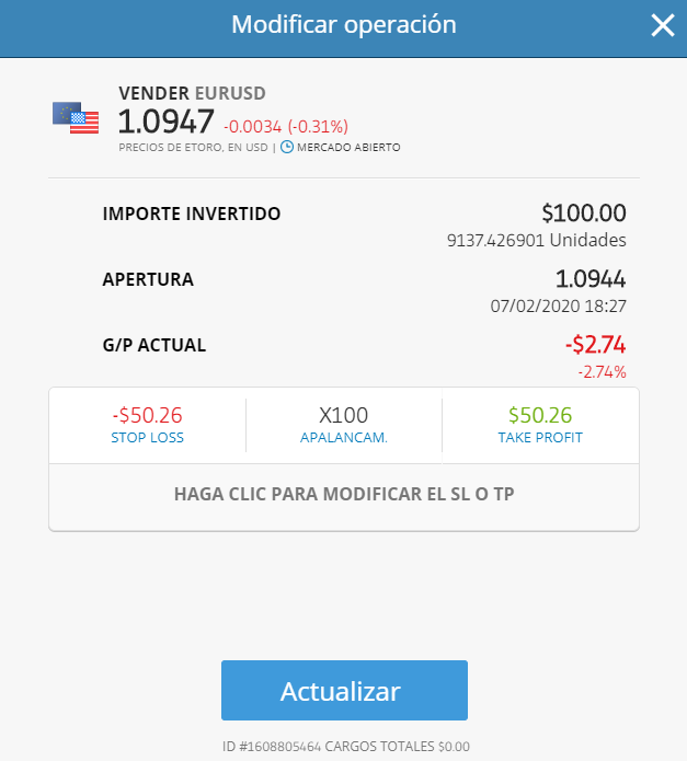 ventana para modificar la operacion en etoro webtrader
