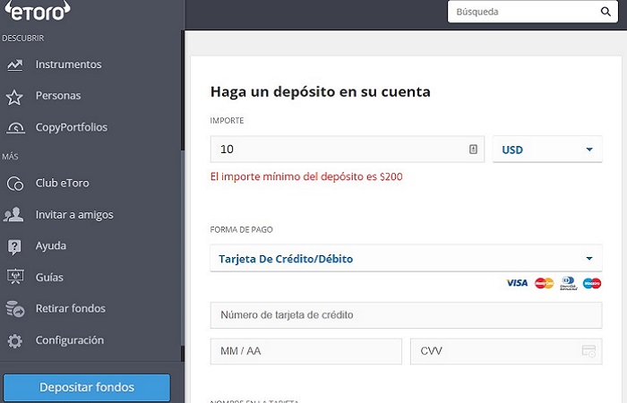 ventana para seleccionar importe en etoro