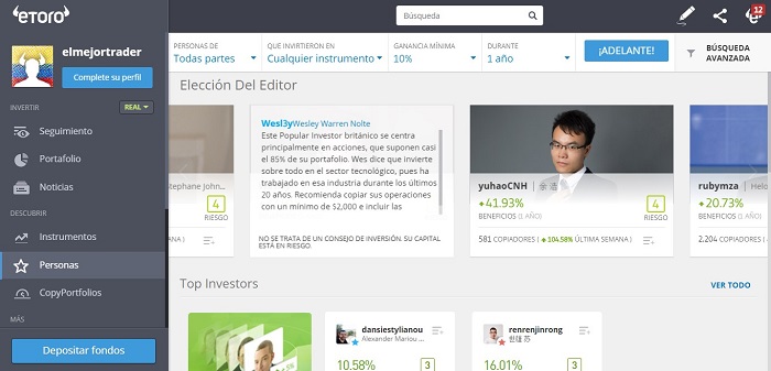ventana personas del menu etoro