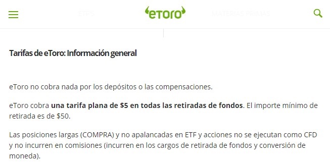 etoro cobra 5 euros de comisiones por retirar dinero de la cuenta