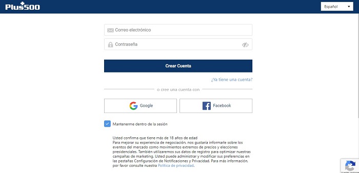 formulario para abrir una cuenta gratuita plus500