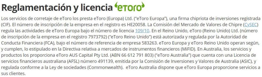 etoro es un broker reglamentado y con licencia