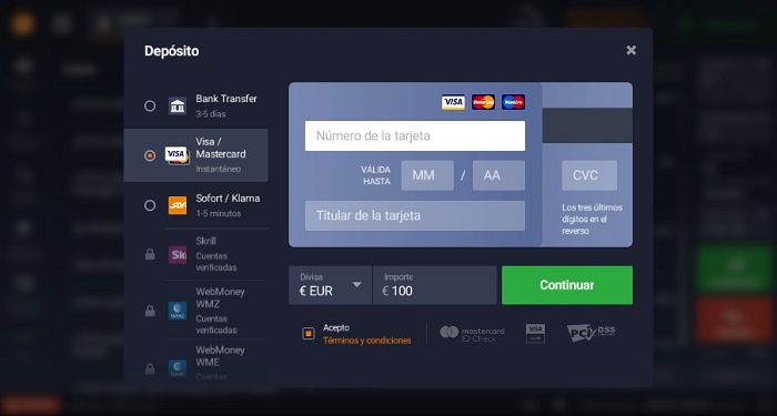 se puede usar tarjeta Visa y Mastercard en IQ Option