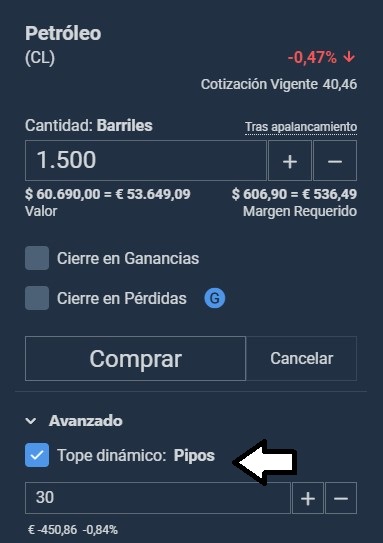 órdenes especiales Tope dinámico