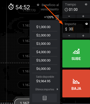 seleccionando el importe de inversión en iq option Importe Opción FX