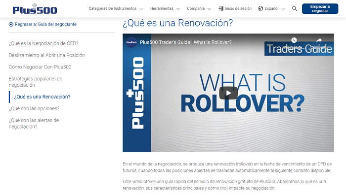Rollover o renovación de los futuros en Plus500