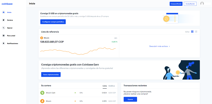 Pagina de inicio Coinbase