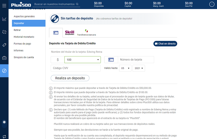 depósito mínimo Plus500