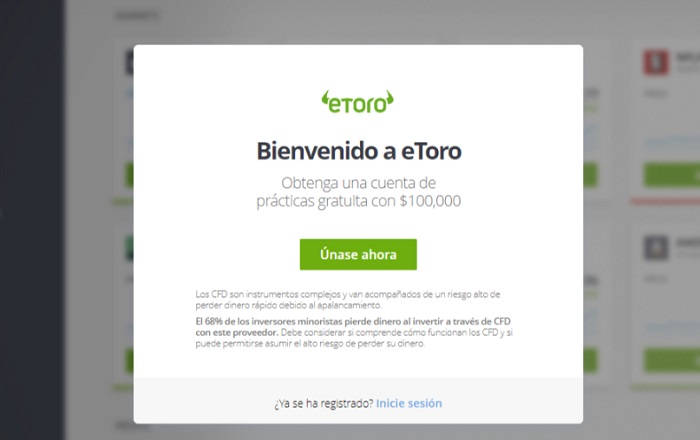 bienvenida de eToro demo