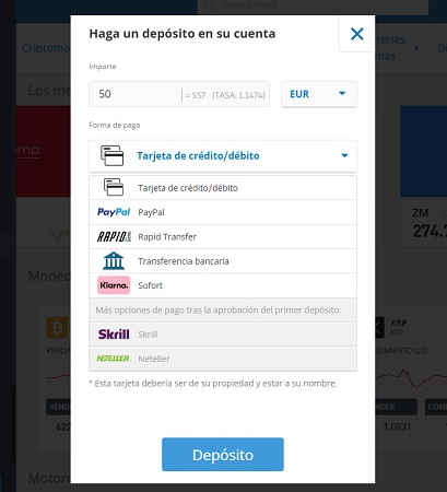 depósito mínimo de 50 dólares