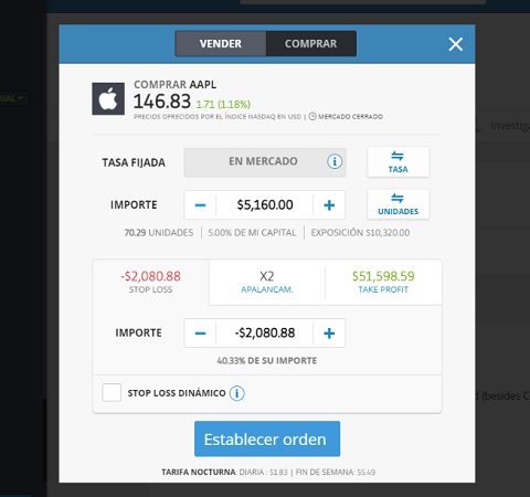 ventana de orden acciones apple